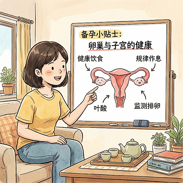 帮我生成一张准妈备孕与卵巢与子宫相关的图，可以用生活场景，不要用外国人物，用漫画人物即可