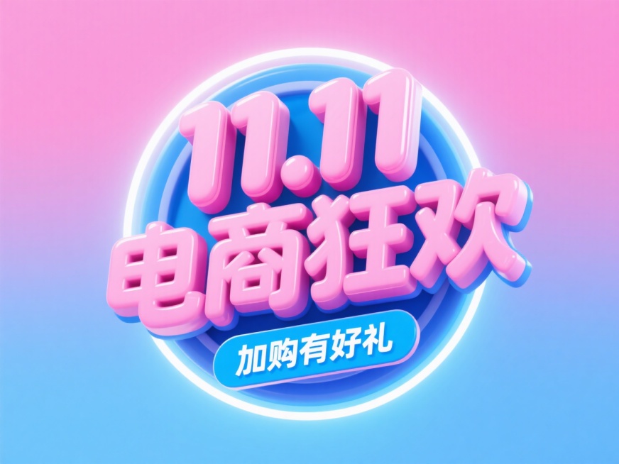 粉色“11.11 电商狂欢” 立体艺术字，搭配蓝色环形光效装饰，下方有 “加购有好礼” 蓝色标签。背景为蓝色粉色渐变，整体风格大气炫酷，突出双十一促销的热烈与冲击力。预览效果
