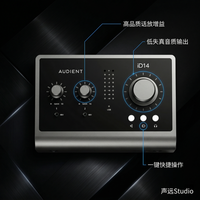 [主图2] Audient iD14 MKII声卡核心卖点展示，黑色科技感背景，金属磨砂质感光影，声卡正面居中放置，外观和原图完全一致，用极细的蓝色科技感引线分别连接话放旋钮、增益指示灯、功能按键，对预览效果