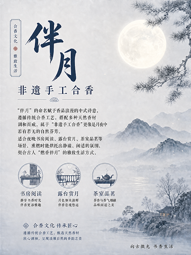 基于原图，将副标题"淡香系天然合香"修改为"非遗手工合香"，确保文字清晰准确，移除画面中所有二维码及占位元素，保留其余文案内容、整体月夜国风禅意风格、背景构图和排版不变，保持色调统一协调。