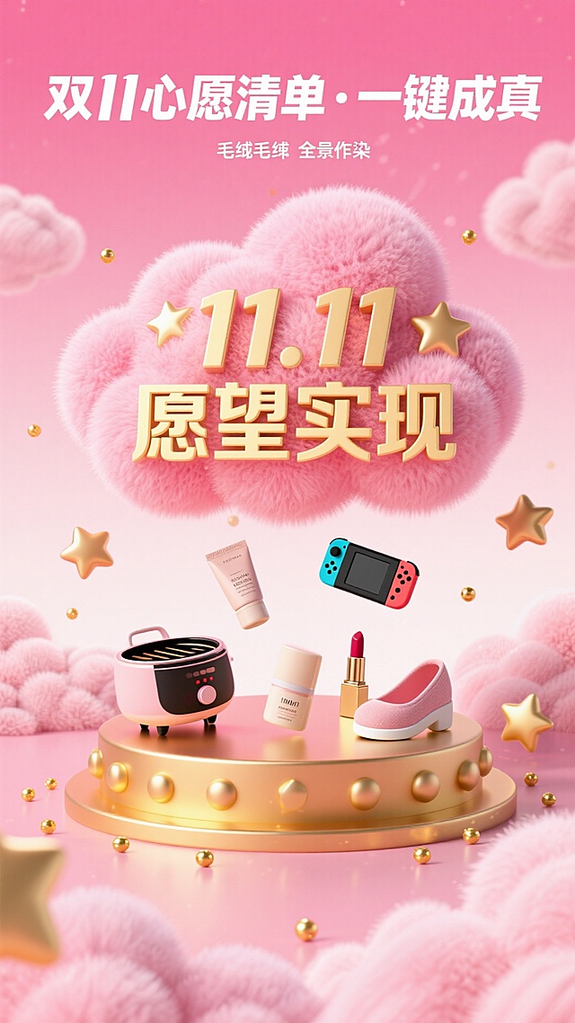 梦幻粉红云朵环绕，鎏金元素点缀，毛绒质感与软3D风结合，营造甜蜜可爱氛围，双11愿望实现主题，视觉温暖治愈。