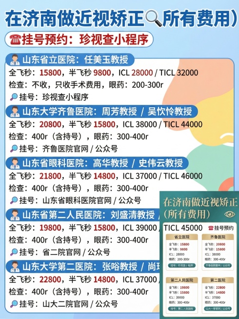 将这张济南近视矫正费用汇总图文重新排版，改成有网感、适合小红书新媒体传播的风格，保留所有文字内容不变，优化排版、增加设计感，一共生成3张不同风格排版的版本预览效果