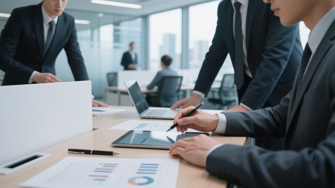 一张高清写实风格的商务工作场景照片，画面聚焦于几位身着正式西装的商务人士正在不同办公环境中协作工作的场景。光线明亮柔和，采用自然光源，色调以专业的蓝灰色系为主，搭配白色和浅木色的办公家具，营造出专业、高效、现代的办公氛围。前景中，人物的手部动作清晰，或正在使用平板电脑查看数据图表，或在文件上进行标注，手指细节和服装质感（如西装面料的纹理、衬衫的挺括）表现细腻。办公桌上整齐摆放着带有数据图表的文……预览效果