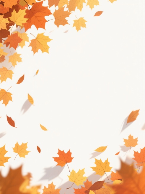 数字插画风格，白色背景，画面左上角和底部边缘装饰着大量飘落的枫叶，枫叶呈现从橙黄色到金黄色的渐变色彩，叶片边缘有清晰的锯齿状纹理，部分枫叶带有细微的阴影以增强立体感，整体构图营造出秋季落叶纷飞的轻盈氛围，枫叶的排列形成自然的视觉引导，左上角枫叶较为密集，底部散落分布，中间区域留白以突出主体空间。预览效果