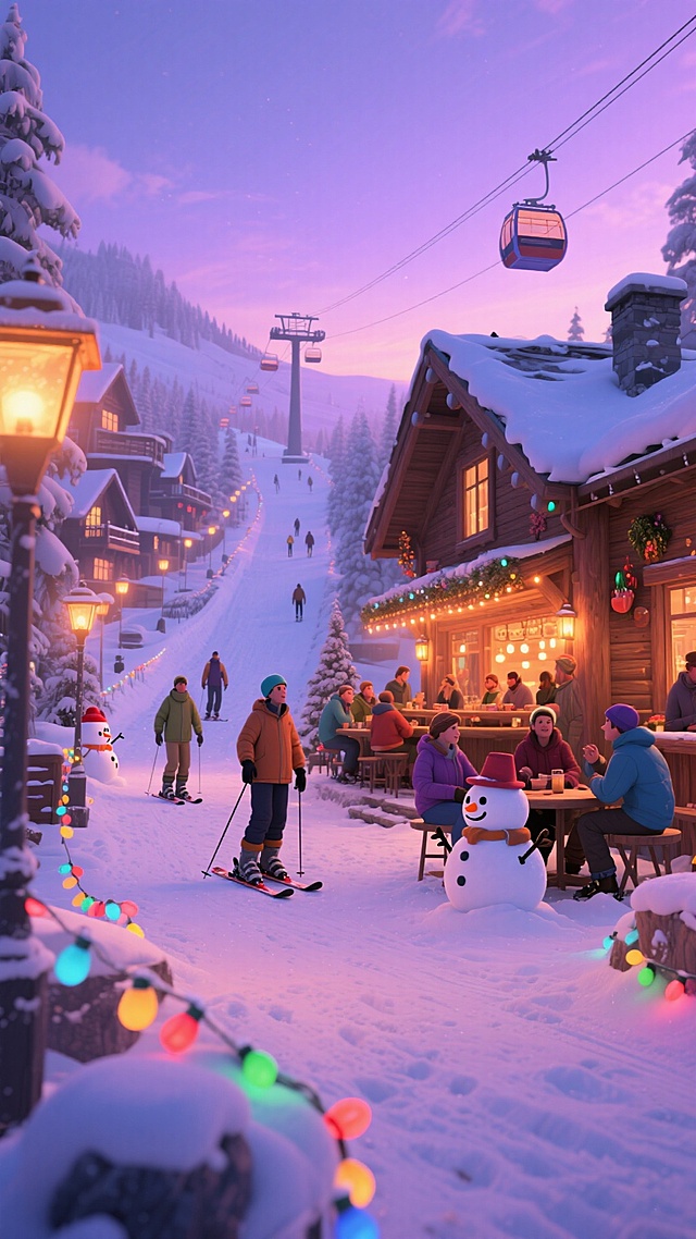 滑雪度假村傍晚时分，雪道两侧亮起暖色路灯，滑雪者陆续返回，雪地中有雪人和彩灯装饰，木屋酒吧外有人围坐聊天，远处缆车缓缓运行，天空呈淡紫色。