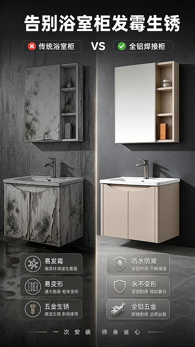 [商品] 使用【图2】全铝焊接浴室柜；保留柜体结构、颜色、陶瓷盆与水龙头样式；左侧展示传统木质浴室柜发霉膨胀变形的示意效果（线稿+发霉斑迹），右侧展示全铝柜完好无损的对比。
[画面] 第2张-痛点共鸣对比页，目标通过传统浴室柜痛点反衬全铝柜优势；左右分栏对比构图，左栏约占45%展示传统浴室柜问题场景，右栏约占55%展示全铝柜解决方案；左栏为昏暗潮湿卫生间中木质柜发霉、起皮、生锈的场景，右栏为明亮干净的全铝浴室柜场景；中间用竖线分隔，顶部有"传统浴室柜"vs"全铝焊接柜"的对比标题。
[视觉] 套系策略：风格=现代极简工业风高级商业摄影；标题字=思源黑体粗体；正文字=思源黑体常规；主色=深灰+拉丝银铝本色；背景延展=基于深炭灰做深浅渐变、微水泥质感墙面、浅灰大理石地面；强调色=金属银，仅用于小面积图标、引线和高光点缀；标题色=纯白；正文色=浅银灰；组件=细线引线、圆角半透明信息卡、金属质感图标；光影=左栏偏冷暗调，右栏明亮干净，形成鲜明对比。
[文字] 顶部大标题"告别浴室柜发霉生锈"；左栏上方"传统浴室柜"配红叉图标，下方3个痛点"易发霉""易变形""五金生锈"；右栏上方"全铝焊接柜"配绿勾图标，下方3个优势"防水防潮""永不变形""全铝五金"；底部一行小字"一次安装 终身省心"；所有文字横向排版。
[规格] 图片比例9:16竖版，4K，medium质量；避免变形、错字、文字过小、柜体结构改变、颜色偏差、出现人物面部、出现平台Logo或水印。