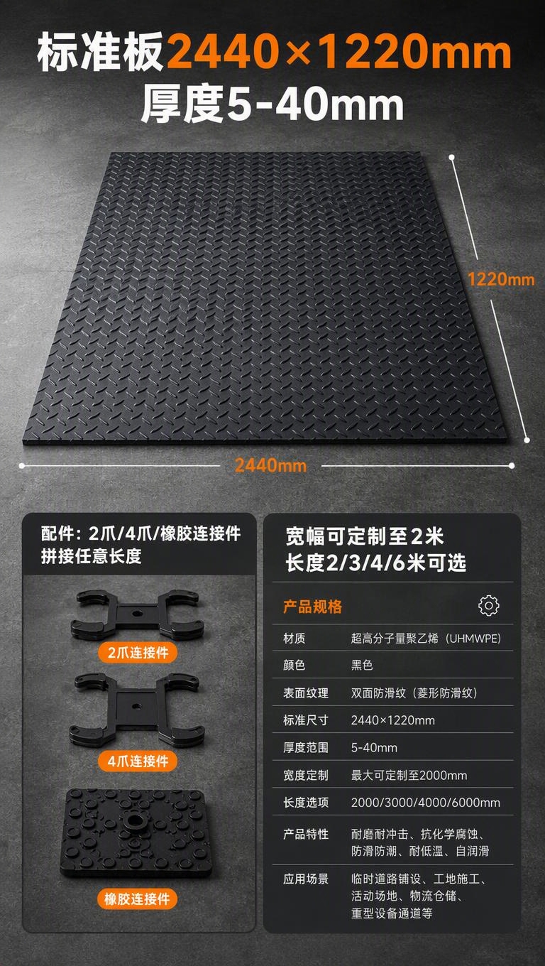 [商品] 使用【图1】超高分子量聚乙烯铺路板，黑色双面防滑纹；… - 图片创意预览