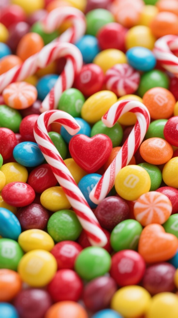 俯拍超写实干净风格，高饱和度多彩糖果满构，红白螺旋棒、心形硬糖等各态，柔和漫反射显立体诱光，红黄绿蓝交织甜趣，密集糖果覆背景，微距清锐捕纹理色变预览效果