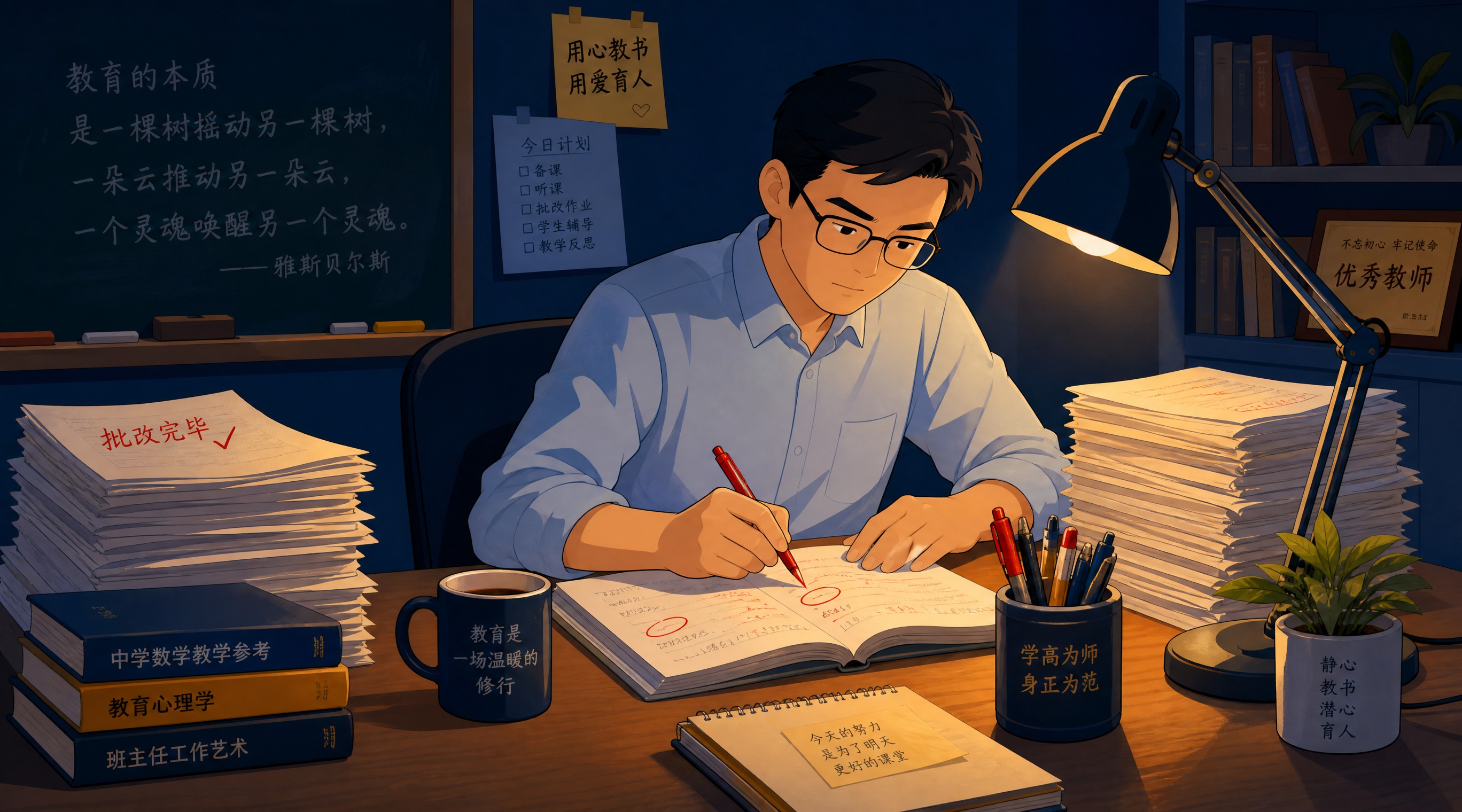扁平卡通插画风格，深蓝色背景配暖金色点缀。一位男教师坐在办公桌… - 图片创意预览
