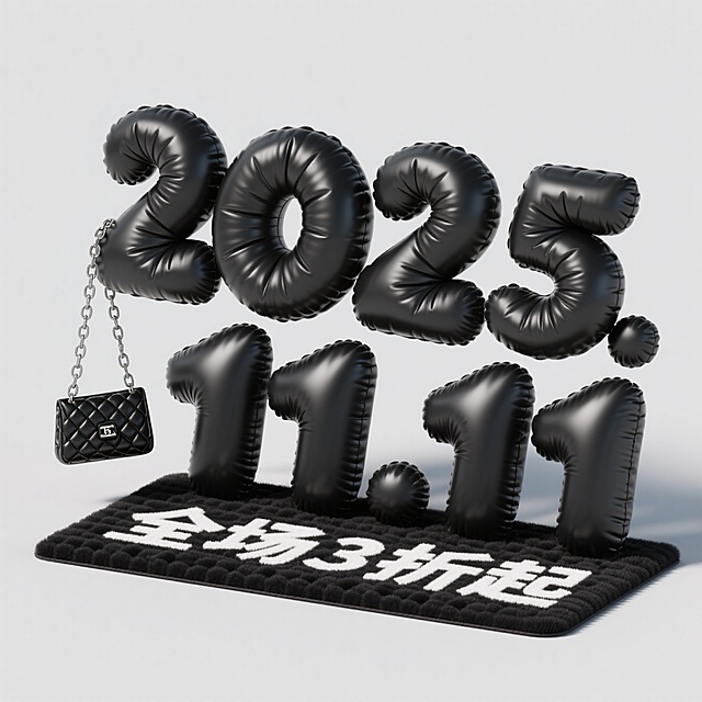 黑色充气字体呈现 “2025.11.11”，搭配链条包，凸显双 11 箱包类全场 3 折起优惠