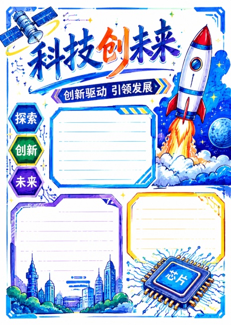 马克笔手绘风格手抄报，主题为科技创未来，主标题文字"科技创未来"，副标题文字"创新驱动 引领发展"，装饰文字"探索 创新 未来"，画面包含卫星、火箭、芯片等科技元素，排版精美，版式清晰，分区明确，四边预览效果