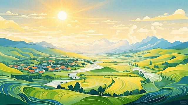 参考原图的扁平插画风格，为这幅乡村田野景观在天空添加太阳与金色的阳光效果，保留原有村庄、河流、山川和田野的全部内容和布局不变，整体色调明亮温暖