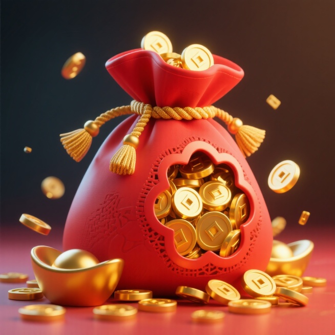 一个红色镂空福袋，袋口处有金色流苏装饰，福袋内部装满了金光闪闪的金币和金元宝，部分金币和金元宝从福袋口溢出，散落在福袋周围，整体呈现出喜庆、富贵的氛围，高细节，高质量，3D渲染效果预览效果