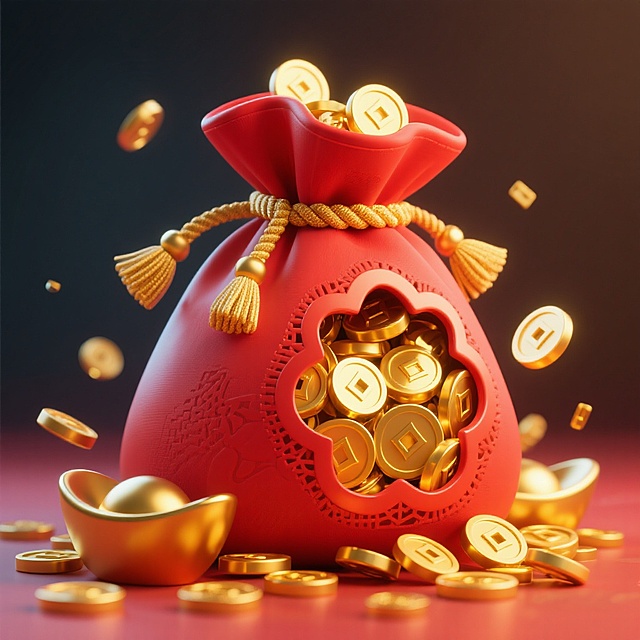 3D重拟物风红金钱袋，鎏金铜钱飞溅，中式纹样雕琢，金属质感闪耀，喜庆奢华尽显春节氛围。