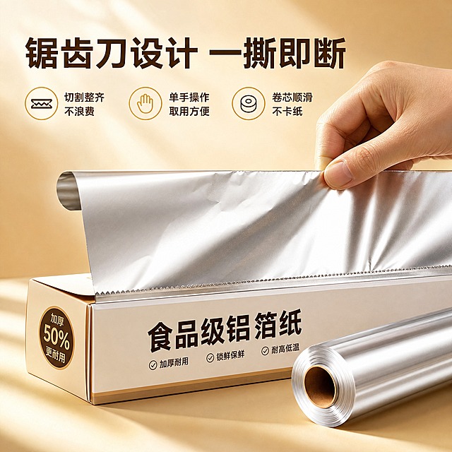 [主图-7 易撕便捷卖点图] 加厚食品级锡纸 家用烘焙烧烤铝箔纸 主题：锯齿刀设计 一撕即断 取用方便。
[统一基调] 京东品质感 简洁稳重 暖金洁净风 渲染光效 高转化卖点图 文字占比<30% 一图一重点。
[画面] 画面展示一只手正在撕取锡纸的动作特写 锡纸盒的锯齿刀口清晰可见 撕下的锡纸平整整齐 旁边放着完整的锡纸卷产品。背景为暖米色渐变 带柔和光影渲染 突出产品的便捷使用体验。画面重点展示易撕设计与使用便利性。
[光影质感] 商业摄影质感 柔和侧光 手部动作自然真实 锡纸有金属光泽与真实褶皱质感 整体画面通透有光效渲染。
[配色] 暖米色主背景 深棕色标题字 橙黄色强调色 白色产品卡片 整体温暖有生活感。
[文字版式] 顶部大标题"锯齿刀设计 一撕即断" 三个便捷卖点分别标注"切割整齐 不浪费""单手操作 取用方便""卷芯顺滑 不卡纸" 字体为粗黑体 标题最大 卖点文字清晰醒目 文字放在负空间不遮挡产品与手部动作。
[输出要求] 比例1:1 800x800像素 文字清晰可读 产品与动作清晰自然 无水印 无平台Logo 无杂乱元素 禁止变形错字模糊 渲染光效提升质感。