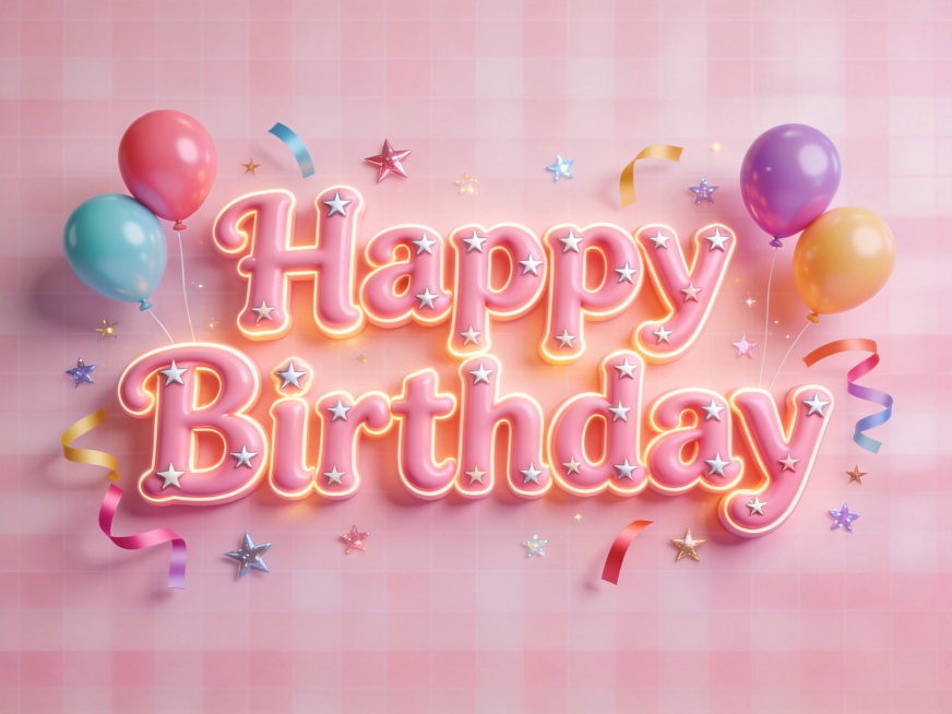 干净的粉色透明背景。3D艺术字体设计，十五个字"Happy Birthday"，所有文字单行横向排列，粉色奶油立体字形，字母边缘点缀星星和气球元素，字体整体带有柔和发光效果。添加生日氛围装饰，包含彩色预览效果