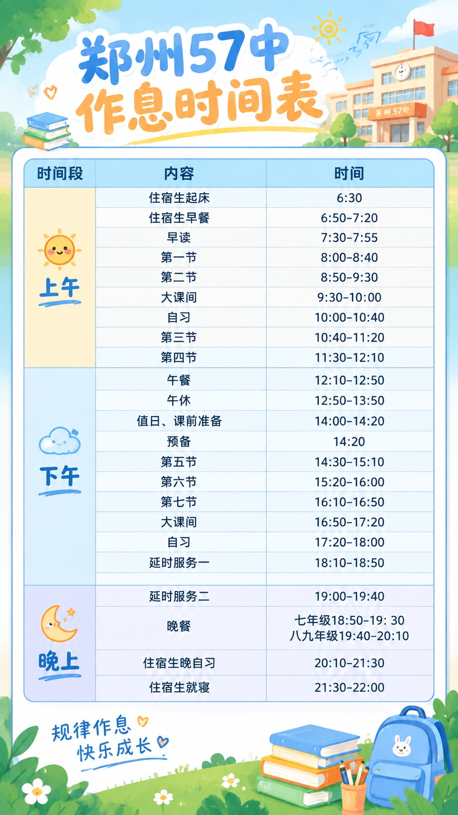 重新设计一张郑州市第57中学作息时间表的抖音9:16竖版图片，… - 图片创意预览