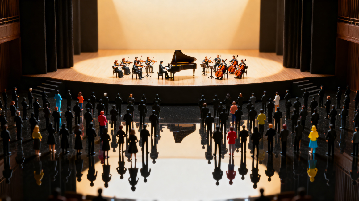充满艺术感与象征意义的微缩模型创意摄影作品，画面中心是一个微型舞台，一架三角钢琴前坐着演奏者，旁边搭配了小提琴、大提琴等弦乐演奏者，构成一个小型演奏组合。舞台周围环绕着大量微缩人偶，绝大多数是黑色剪影预览效果