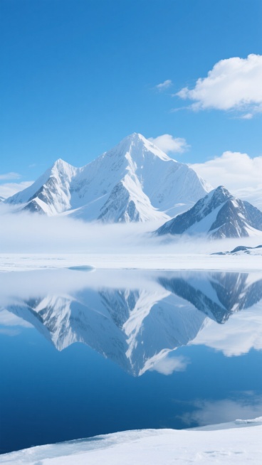 超高清摄影风格，纯净通透的蓝色调冰雪世界，巍峨壮丽的雪山群峰覆盖着洁白厚实的积雪，山体岩石纹理清晰可见，山脚下云雾缭绕，平静如镜的冰面倒映着雪山与蓝天，天空湛蓝澄澈，点缀着少量洁白蓬松的云朵，光线明亮柔和，营造出宁静、圣洁、辽阔的自然氛围，整体构图采用对称式布局，视觉焦点集中于雪山与倒影的完美呼应，细节丰富，色彩和谐统一，呈现出极致的自然之美与静谧感。预览效果
