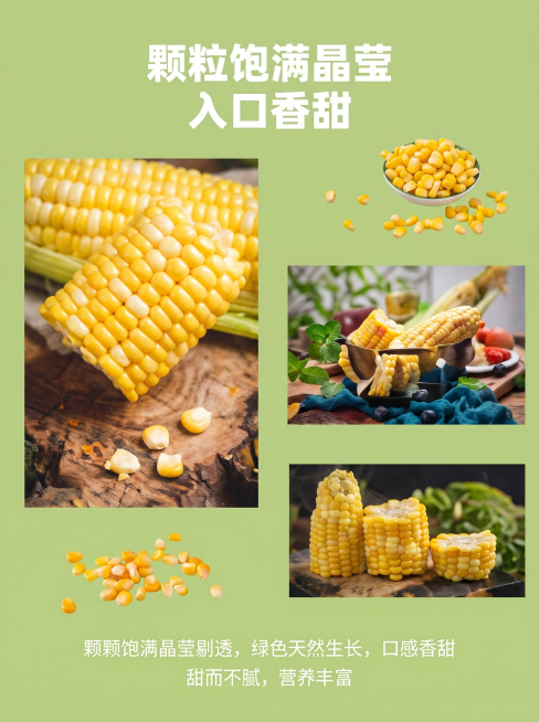 [主图 4] 产品细节展示页，展示玉米颗粒饱满特点
[氛围风格] 清新自然绿色系，和整套详情页风格统一
[画质] 商业摄影质感、光线柔和通透、产品清晰真实、画面干净高级。
[元素] 浅绿色背景，顶部放预览效果