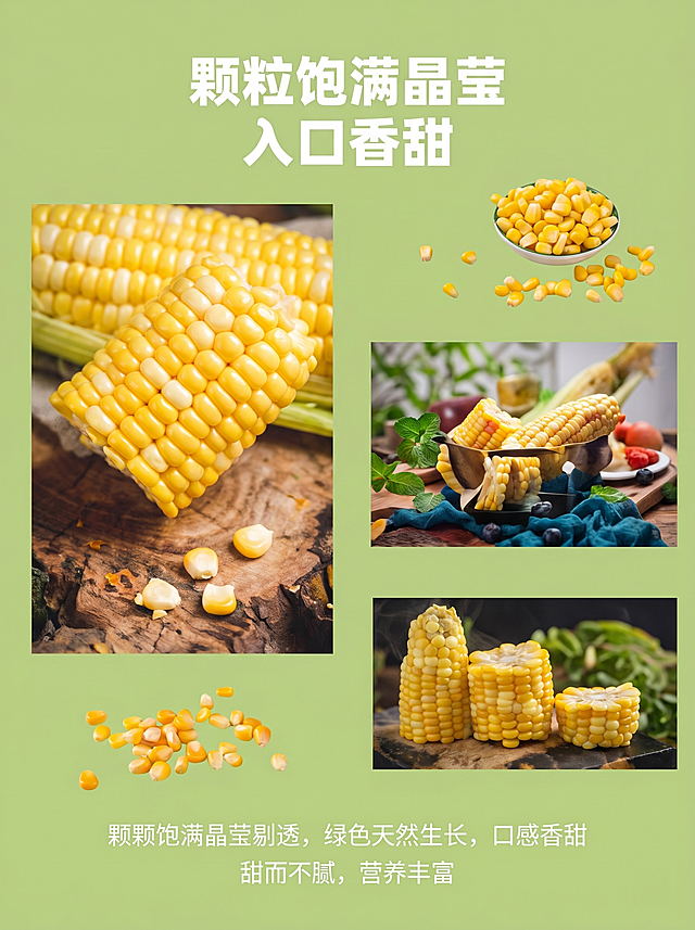 [主图 4] 产品细节展示页，展示玉米颗粒饱满特点
[氛围风格] 清新自然绿色系，和整套详情页风格统一
[画质] 商业摄影质感、光线柔和通透、产品清晰真实、画面干净高级。
[元素] 浅绿色背景，顶部放置大标题，下方三张不同场景玉米实拍图拼贴，散落点缀玉米粒装饰，保持原图的拼贴版式结构不变。所有玉米产品外观颜色质感和原图一致，杜绝变形色差，画面干净不拥挤，保留信息完整性。商品主体占比控制在75%左右，大图满铺无边框。
[光影] 均匀柔和自然光，每张图片光线自然统一
[配色] 背景浅黄绿色，搭配玉米金黄色，深浅层次清晰，颜色清新自然
[视角构图] 版式构图和原图保持一致，图文层次分明
[文字版式] 顶部标题"颗粒饱满晶莹 入口香甜"大号白色粗体，底部介绍文案"颗颗饱满晶莹剔透，绿色天然生长，口感香甜 甜而不腻，营养丰富"，小号白色文字整齐排版，和背景对比强烈，清晰易读。
[比例分辨率] 3:4 比例，2k 分辨率；文字清晰可辨，超高清。
[负向提示词] 变形，水印，文字错乱，产品模糊，背景杂乱，颜色刺眼，遮挡主体