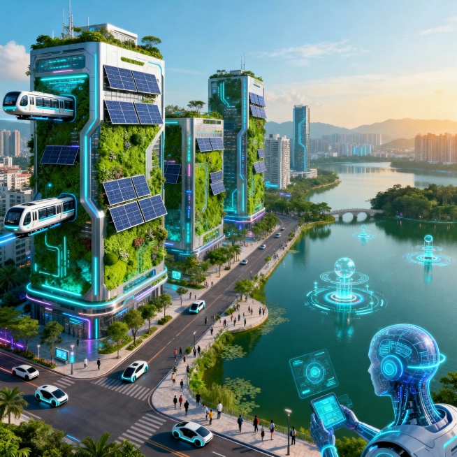 22世纪的惠州城市景观，高楼大厦采用智能生态建筑设计，外墙布满可自动调节的太阳能板和绿植墙。空中有磁悬浮列车穿梭，街道上行驶着自动驾驶汽车，西湖水面上漂浮着量子净化装置，湖边是人们通过脑机接口与智能设预览效果