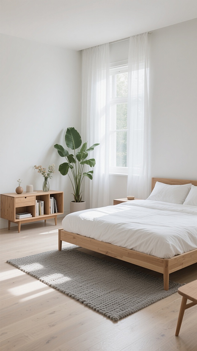 极简主义风格卧室室内设计，自然光透过白色半透明窗帘洒入，形成柔和的光影效果，浅色木地板与墙面营造明亮通透氛围，不同角度展示的房间布局，包括木质床架配白色床品、原木色床头柜（内置书籍、花瓶、装饰品）、灰色编织地毯，以及窗边大型绿植，采用不同的家具摆设方式和柔和的中性色调配色方案，整体呈现简约、干净、舒适的居住空间感，具有现代北欧设计的优雅与功能性。