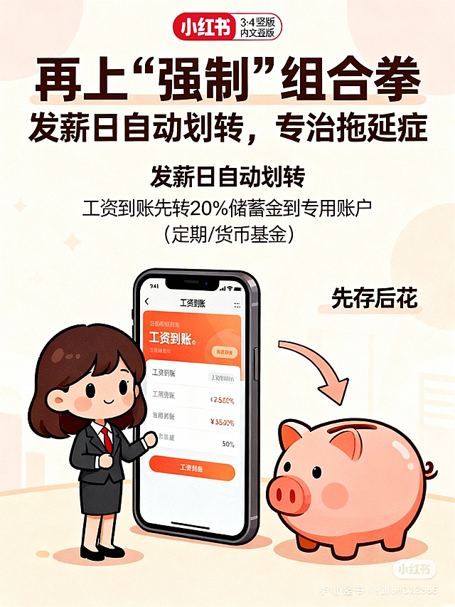 做3张3:4竖版小红书内文海报！
第一张图内容：50/20/30记账法
先搞懂核心逻辑
把税后收入劈成3份：
50% → 必要开支（房租/吃饭/通勤）
20% → 强制储蓄（雷打不动！）
30% → 弹性消费（奶茶/逛街/聚餐）
第二张图内容：
再上“强制”组合拳
发薪日自动划转，专治拖延症
工资到账第一件事！直接把20%的储蓄金转到专用账户（选那种不能随手花的定期/货币基金）
剩下的钱再按比例分配，主打一个“先存后花”

第三张图内容：
存钱小技巧保驾护航
记账要分类，拒绝糊涂账
可使用记账工具，划分3个部分
必要开支超了？从弹性消费里扣！
弹性消费有结余？直接塞进储蓄账户加码！