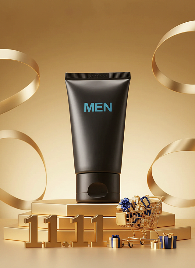 画面以金色渐变为主色调，背景点缀金色丝带，营造高级促销氛围，图中主体被摆放在错落有致的金色展台上，画面下方有深金色立体数字 “11.11” 和装满礼盒的购物车装饰。