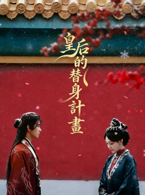 擦除原海报上所有文字和信息，保留原画面宫墙红墙红梅花人物背景不变。在海报中央位置重新设计竖排繁体艺术字体“皇后的替身計畫”，保持和原画面一致的金色花体书法风格，灵动曲线笔触，有质感，大师级电影海报字体预览效果