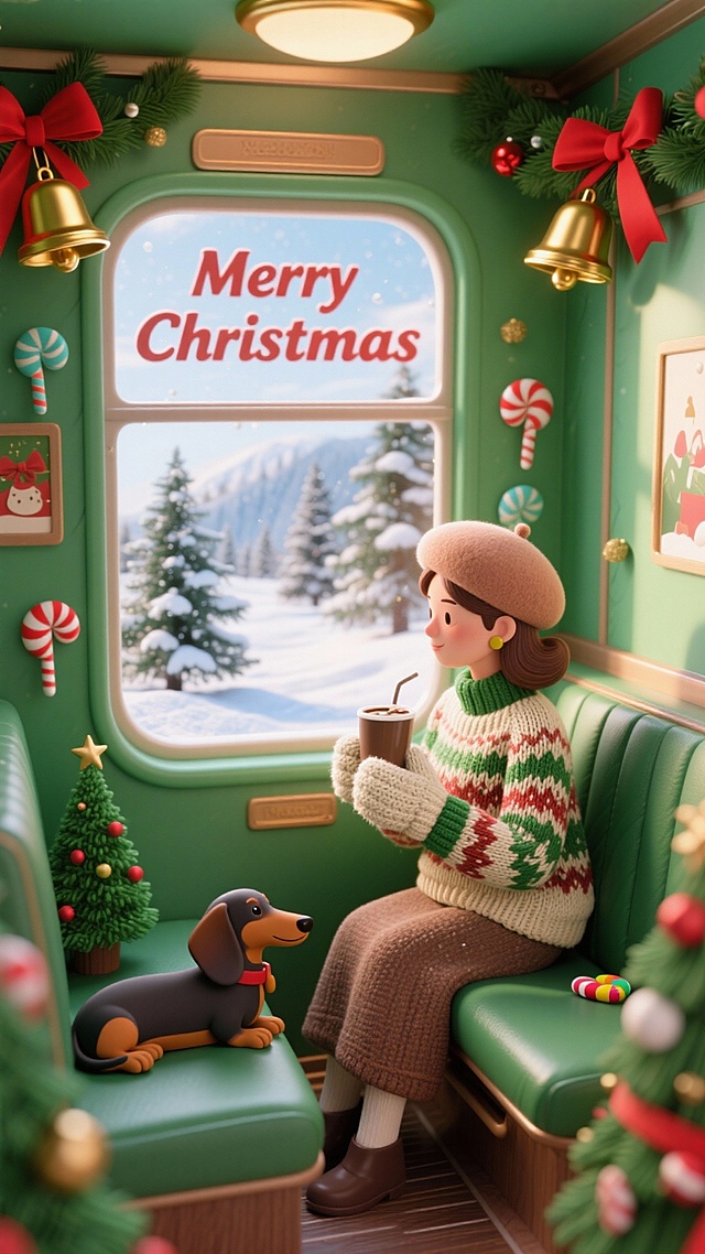 松绿色的复古车厢隔间，点缀金色铃铛、红色丝带、彩色糖果以及绿色小圣诞树，戴贝雷帽的女士用绒线手套捧著热巧克力，对面空座位上躺着一只腊肠犬，小狗裹着同款针织衫，窗外掠过的雪原上有松树。窗户上是英文的“Merry Christmas”