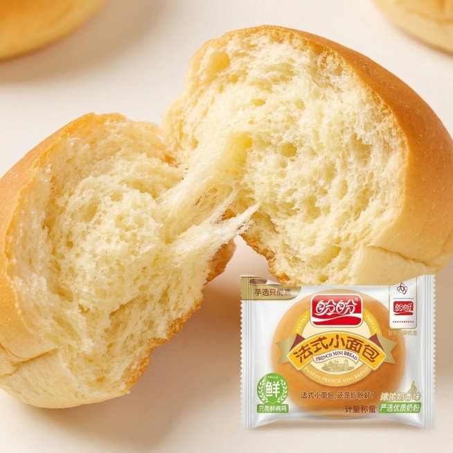 盼盼法式小面包细节特写图，撕开的小面包，展示内部蓬松多孔的质地，奶黄色的面包组织，旁边放完整的产品外包装，近距离拍摄，突出松软有弹性的质感，让人有食欲，1:1比例预览效果