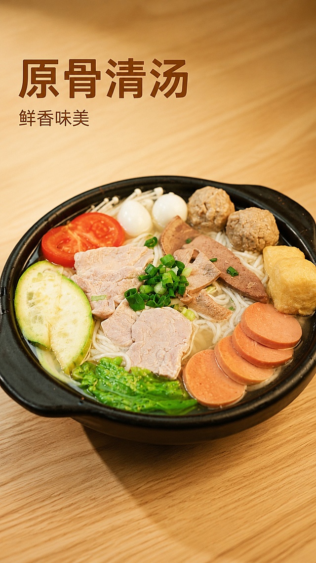 [主图-1] 清汤砂锅粉食欲感首图
[氛围风格] 温馨治愈的家常餐饮风格，突出食物新鲜诱人的食欲感
[画质] 商业美食摄影质感，光线柔和通透，产品清晰真实，画面干净高级，去掉原图水印和多余文字
[元素] 保持清汤砂锅粉的食材外观、物理结构、材质质感、颜色与原图绝对一致，杜绝任何变形和色差，精细化处理。砂锅中的砂锅粉居中摆放，包含鲜肉片、肉丸、鹌鹑蛋、番茄、西葫芦、豆泡、火腿肠多种丰富配料，顶部撒翠绿葱花点缀，汤色清亮。商品主体占比约70%，整体画面干净，无水印无多余文字。背景为温馨原木餐桌，简单自然烘托主体
[光影] 自然暖光从侧上方照射，突出汤色通透感和肉类油润光泽，食材轮廓清晰，暗部有层次，没有生硬阴影
[配色] 主色调为原木浅棕色暖调，搭配食材本身的红绿白黄自然色彩，整体清爽舒适
[视角构图] 平视45度斜拍，主体完整，景深适中，视觉中心集中在砂锅上
[文字版式] 左上角负空间左对齐留安全边距，大字主文案"原骨清汤"，粗体暖棕色无衬线字体；下方小字辅助文案"鲜香味美"，约一半大小，同色系。文字不遮挡食材主体
[输出要求] 9:16比例，文字清晰锐利，超高清商业美食摄影质感
[负向提示词] 变形，文字错乱，产品模糊，背景杂乱，水印，电商平台Logo，多余文字，色差