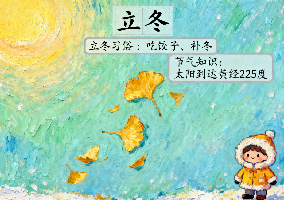 立冬主题手抄报，油画棒手绘风格，横版A4排版，清新色彩，包含暖阳、银杏、小棉袄插画，冬日暖调氛围，留有文字框预览效果