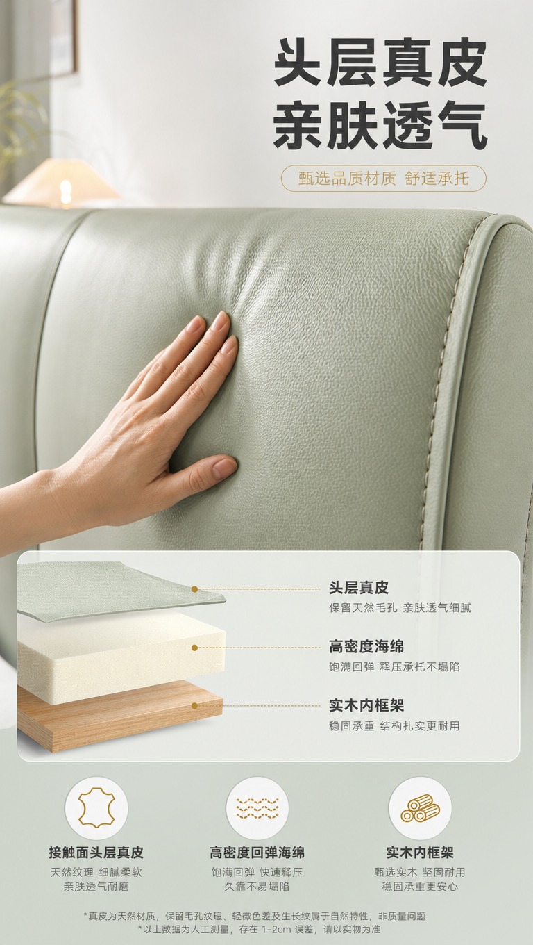 [商品] 使用【图1】浅绿色真皮软包双人床床头部分；保留床头软… - 图片创意预览