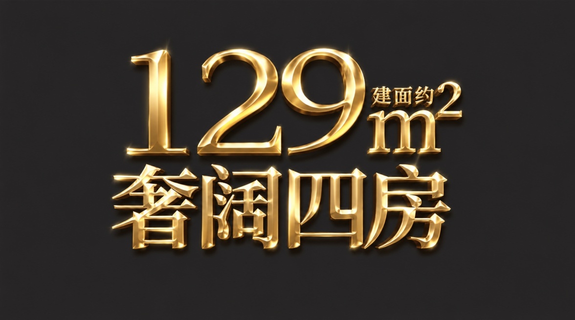 参考图1的金色金属3D立体材质效果，将图2的文字'129㎡建面约 奢阔四房'改成和图一一样的耀眼金色，带有金属光泽和高光效果，呈现3D立体质感，背景保持深灰色不变预览效果