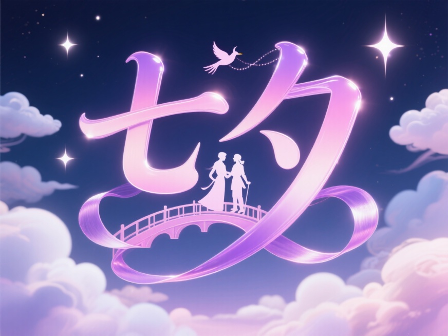 “七夕”艺术字体，融入牛郎织女鹊桥相会的剪影，字体线条如丝带般柔美飘逸，搭配渐变的粉紫色调，背景点缀闪烁的星辰和漂浮的云朵，整体风格典雅浪漫，充满传统节日氛围。预览效果