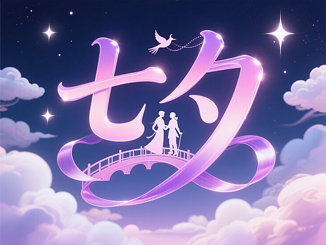 “七夕”艺术字体，融入牛郎织女鹊桥相会的剪影，字体线条如丝带般柔美飘逸，搭配渐变的粉紫色调，背景点缀闪烁的星辰和漂浮的云朵，整体风格典雅浪漫，充满传统节日氛围。