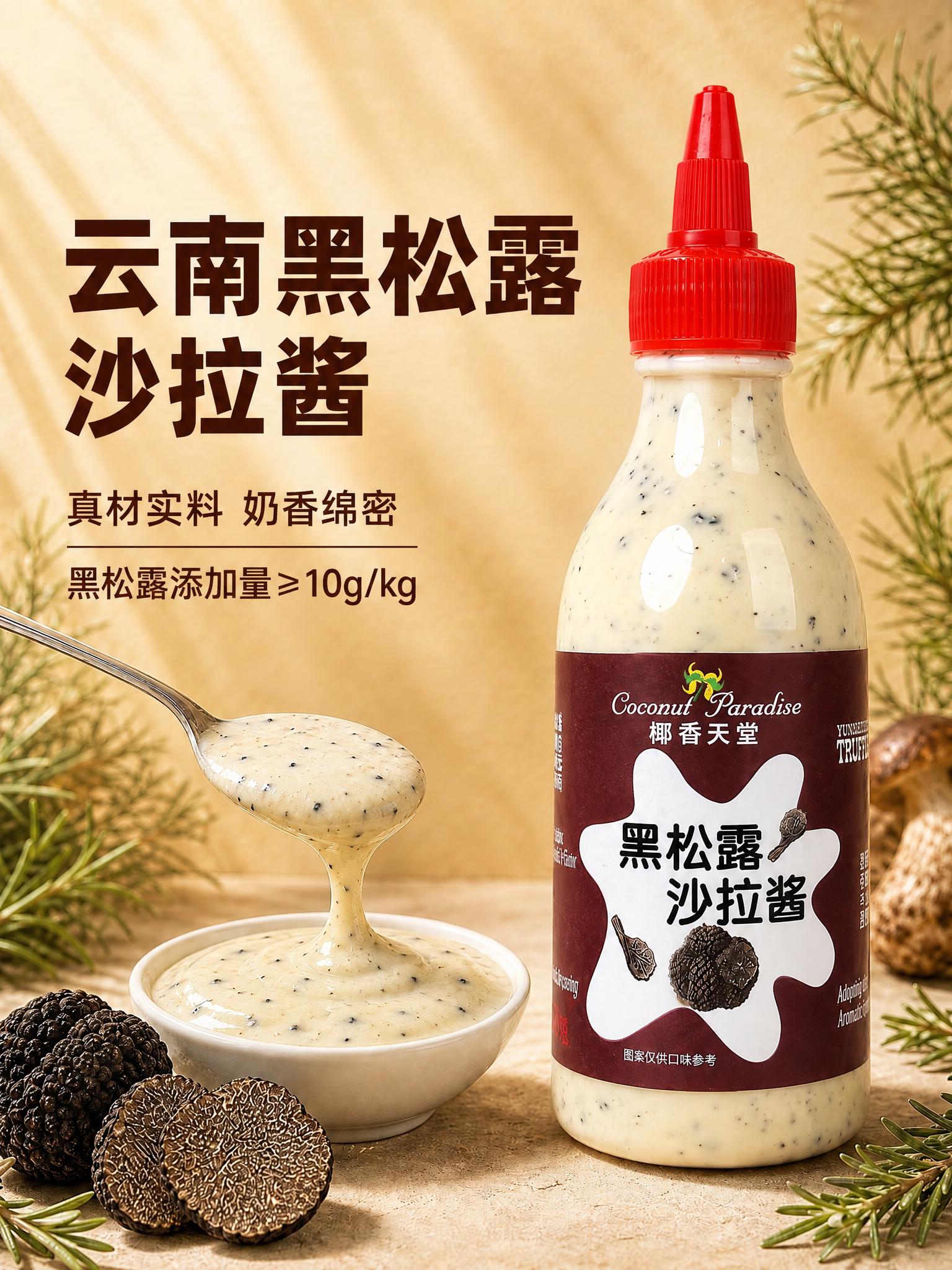 将图中的沙拉酱瓶子产品主体替换为参考图中的黑松露沙拉酱瓶子，保… - 图片创意预览