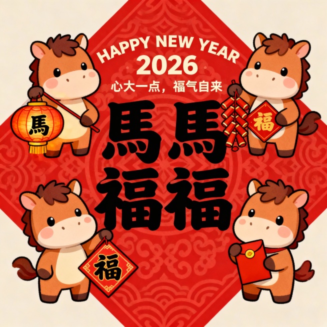 2026马年新春视觉，红色底色，传统纹样红色底纹，中央黑色艺术字“馬馬福福”，四只萌趣卡通小马分别手持写有“馬”字的灯笼、鞭炮、“福”字贴和红包，上方有“HAPPY NEW YEAR 2026”英文，预览效果