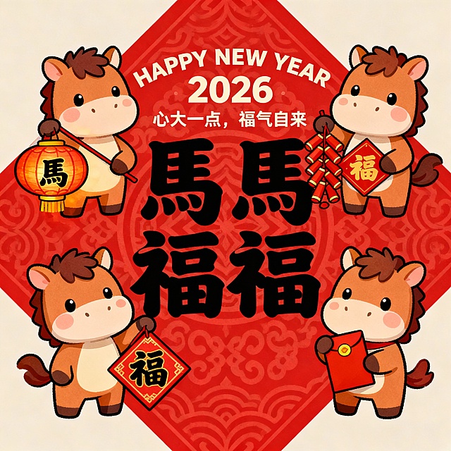 2026马年新春视觉，红色底色，传统纹样红色底纹，中央黑色艺术字“馬馬福福”，四只萌趣卡通小马分别手持写有“馬”字的灯笼、鞭炮、“福”字贴和红包，上方有“HAPPY NEW YEAR 2026”英文，搭配中文标语“心大一点，福气自来”，喜庆可爱风格，融合传统年味与萌趣设计