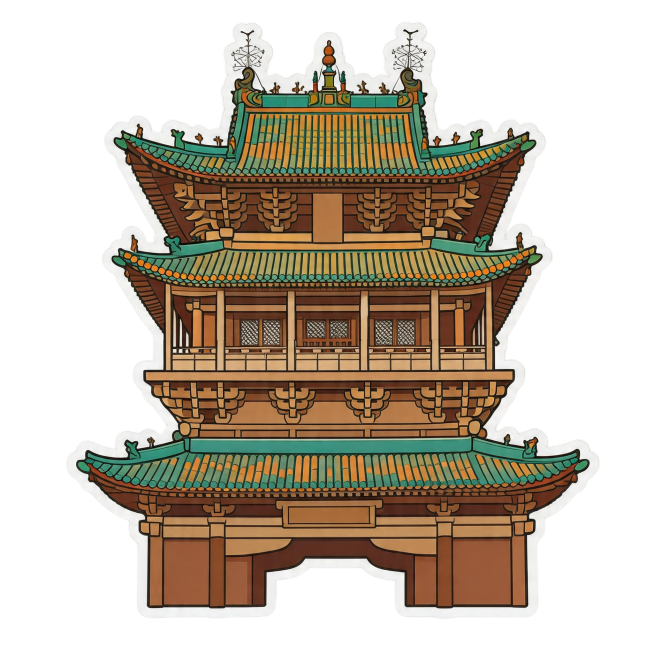 参考这两张平遥古城门楼市楼实景图，生成和之前古建筑风格统一的平遥古城市楼矢量插画贴纸，只突出单门楼建筑主体，扁平化简洁线条，保留原建筑琉璃瓦、斗拱结构和木质红墙配色，去掉所有文字，保持矢量插画贴纸风格预览效果