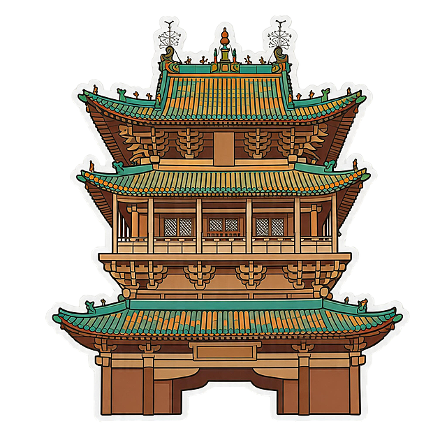 参考这两张平遥古城门楼市楼实景图，生成和之前古建筑风格统一的平遥古城市楼矢量插画贴纸，只突出单门楼建筑主体，扁平化简洁线条，保留原建筑琉璃瓦、斗拱结构和木质红墙配色，去掉所有文字，保持矢量插画贴纸风格，带白色外轮廓