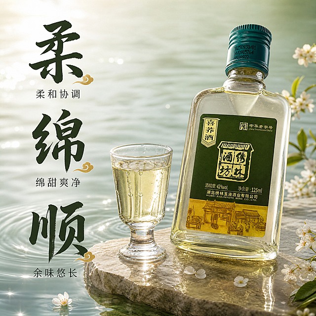 [主图-3] 口感特点 柔绵顺 喜荞酒口感品鉴展示
[统一基调] 抖音1:1方形主图 国风品质感 自然清新草本调性 深墨绿主标题字 米白辅助字 金色强调色 粗宋标题字体 细黑体辅助文案 整体暖调柔光 突出酒体质感与草本原料氛围
[画面] 喜荞酒瓶身位于画面右侧 瓶身略微倾斜 旁边放一只透明玻璃小酒杯 杯中盛有淡荞黄色酒体 酒液挂杯明显 有质感 左侧用三个大书法字竖向排列"柔""绵""顺" 每个大字下方配小字说明 分别是"柔和协调""绵甜爽净""余味悠长" 背景是清澈水面与涟漪效果 水面上有几片飘落的荞花花瓣 营造清润口感联想 瓶底与酒杯放在水面上的浅色石台上 有倒影
[光影质感] 柔和自然光 侧逆光 酒体通透有光泽 玻璃酒杯有高光 水面有波光粼粼效果 整体清润雅致 商业摄影级质感
[配色] 背景浅青绿色水波纹 主标题深墨绿色书法字 辅助文字深灰色 金色点缀 整体清润有质感
[文字版式] 左侧竖向排列三个大字 书法风格 每个字下方配小字说明 右侧为产品与酒杯 文字不遮挡产品主体 字号对比强烈 大字醒目 小字精致
[输出要求] 1:1正方形 2048x2048 文字清晰可读 产品清晰不变形 无错字 无水印 无平台Logo 禁止饮酒入口动作 禁止功效宣称