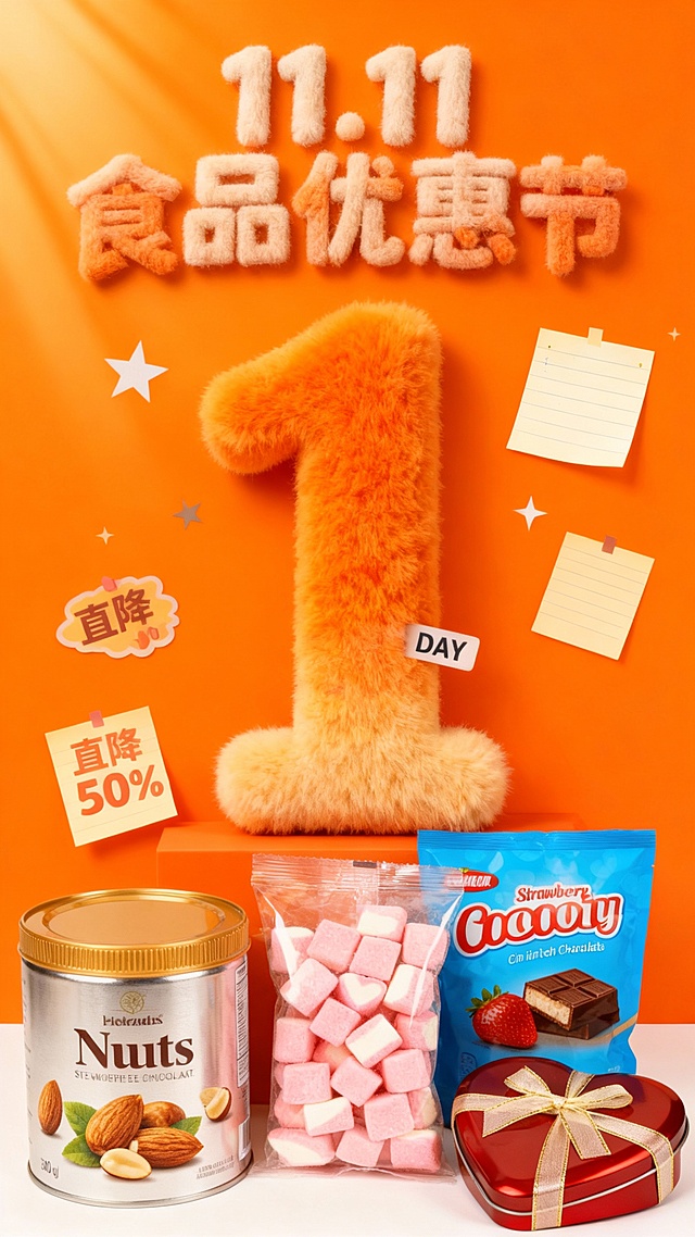 主视觉为一个橙色渐变毛绒材质的“1” ，“DAY”标签位于数字“1”上，商品位于画面右下角，背景是高饱和橙色结合便签纸元素，画面上方为毛绒主标题“11.11 食品优惠节”，背景上有“直降50%”便利贴装饰、小星星
