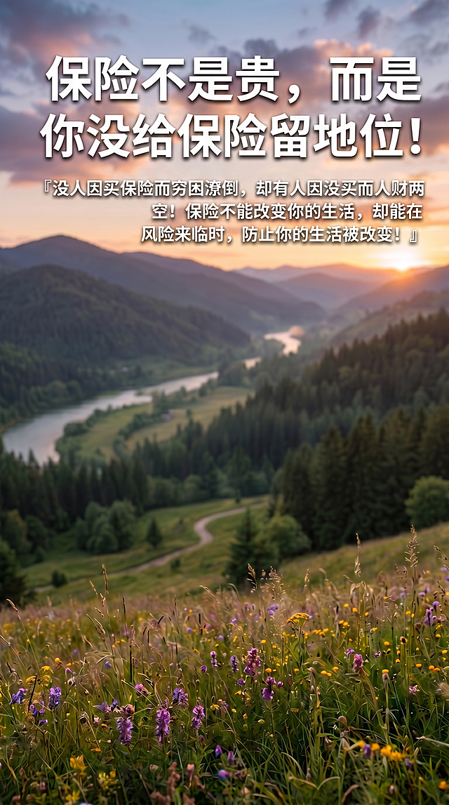 保持与参考图相同的自然风景日落风格背景，画面添加文字：主标题"保险不是贵，而是你没给保险留地位!"，副标题『没人因买保险而穷困潦倒，却有人因没买而人财两空!保险不能改变你的生活，却能在风险来临时，防止你的生活被改变!』，主标题文字更大更突出，全部文字为白色清晰醒目，布局协调