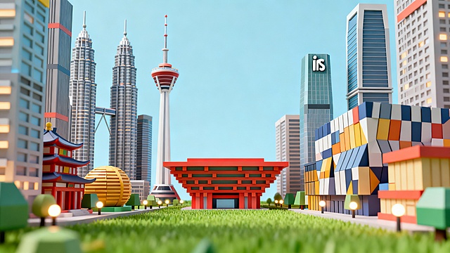 成都2.5D城市建筑群场景，画面中包含现代建筑、电视塔、双子塔、ifs、太古里等标志性元素，采用2.5D立体化的小建筑风格，呈现C4D场景，整体色彩明快，细节丰富，建筑造型卡通化且具有立体感，灯光效果柔和，背景为浅蓝色天空，建筑两侧高中间低，留出天空，地面显示草地