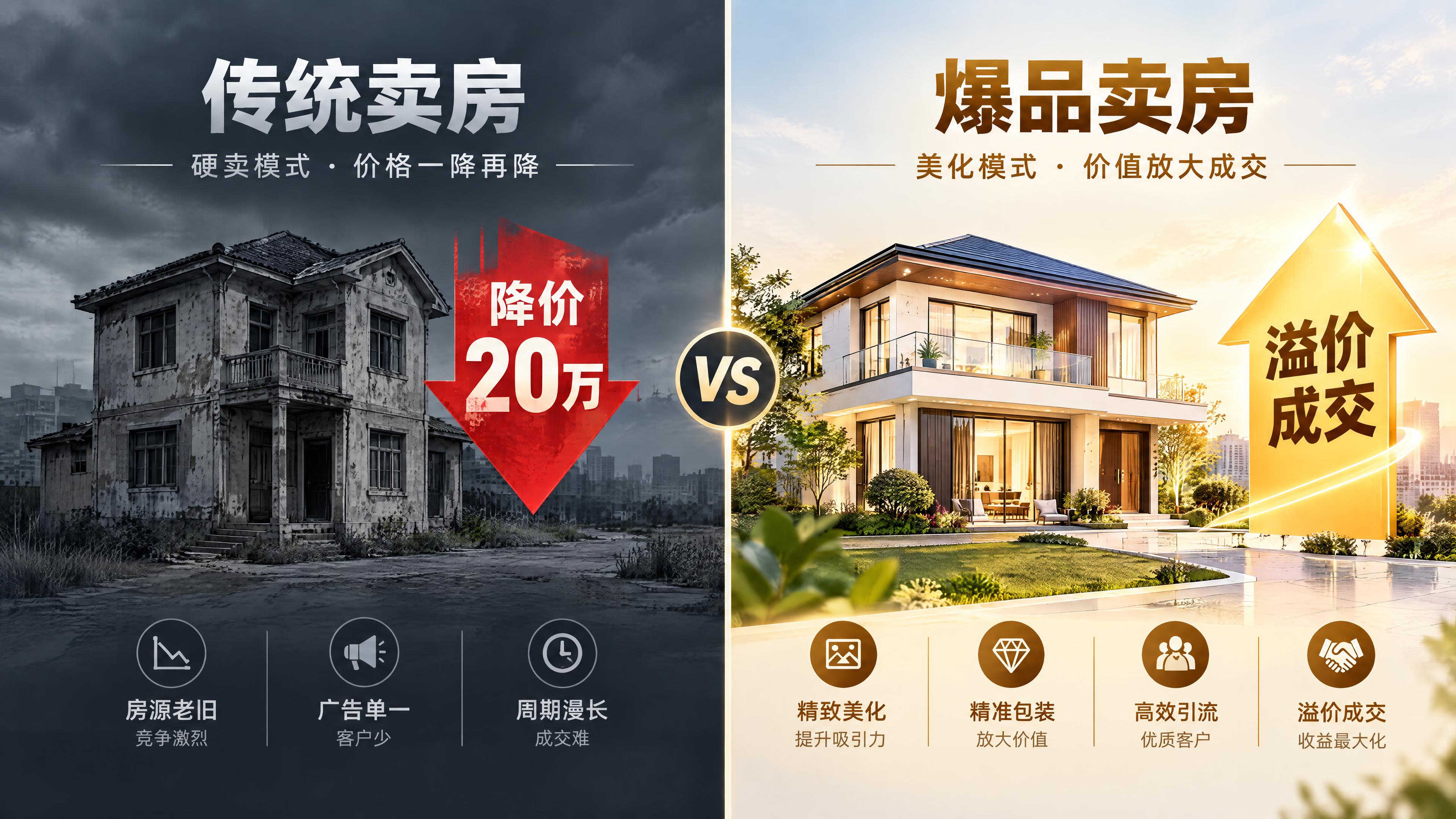 左右对比概念图，展示传统卖房vs爆品卖房。左侧：灰暗色调，一套… - 图片创意预览