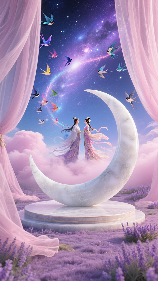 梦幻插画风，唯美的超现实主义场景，浪漫的虚拟现实世界，情侣在星河中相拥，彩鸟环绕。