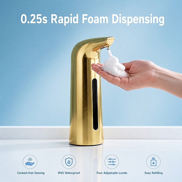 [Main Image 2] Core function display - contactless infrared sensing rapid foam output
[Aura Style] Clean product photography with light blue gradient background, natural and bright
[Quality] Commercial photography texture, soft light, clear product details, clean high-end picture
[Elements] The gold automatic soap dispenser is placed in the center of the picture, a hand is placed under the nozzle, rich white foam is just discharged, showing the working state. The product shape, material and color are completely consistent with the input product picture, strictly control the product proportion. Keep the product appearance (physical structure, material texture, color) absolutely consistent with the input product picture, eliminate any deformation and color difference, fine processing. Low saturation light blue gradient background
[Lighting] Bright soft lighting, highlight the foam texture, the product has clear layers, soft reflection on the metallic surface
[Color Matching] Main color product gold, background light blue, the overall tone is fresh and clean
[Perspective Composition] Head-on horizontal composition, focus on the hand and foam output process, product complete display
[Text Layout] The top of the picture has a large headline "0.25s Rapid Foam Dispensing" bold white sans-serif font, and the bottom has four small selling points, arranged in four columns: "Contact-free Sensing", "IP65 Waterproof", "Four Adjustable Levels", "Easy Refilling", the text is clear, placed in the negative space does not block the product
[Output Requirements] 1:1 square, 2048x2048 pixels, ultra high definition commercial photography texture
[Negative Prompt] Deformed product, blurred text, cluttered background, watermark, Chinese characters, marketing logo